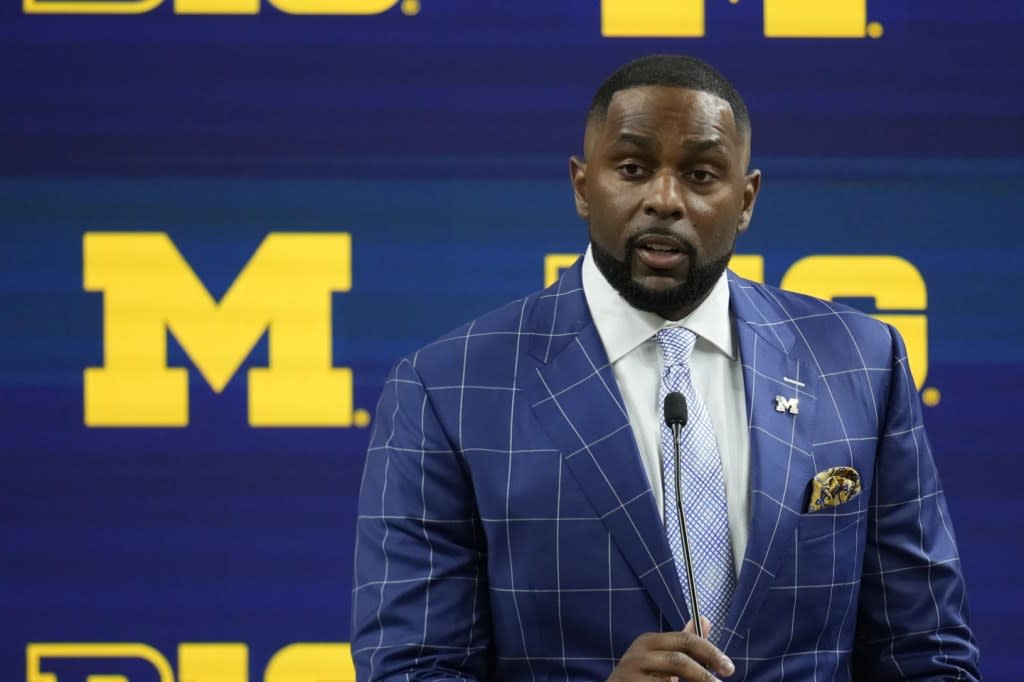 Michigan head coach Sherrone Moore speaks during an NCAA college football news conference at the Big Ten Conference media days at Lucas Oil Stadium, Thursday, July 25, 2024, in Indianapolis. (AP Photo/Darron Cummings)<span class="credit"> – </span>