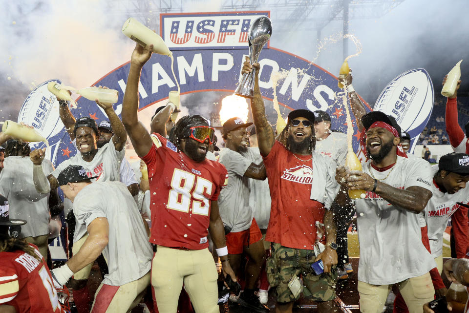 CANTON, OHIO - JULY 01: The Birmingham Stallions celebrate after the Stallions won i the 2023 USFL Championship Game at Tom Benson Hall Of Fame Stadium on July 01, 2023 in Canton, Ohio. (Photo by Andy Lyons/USFL/Getty Images for USFL)