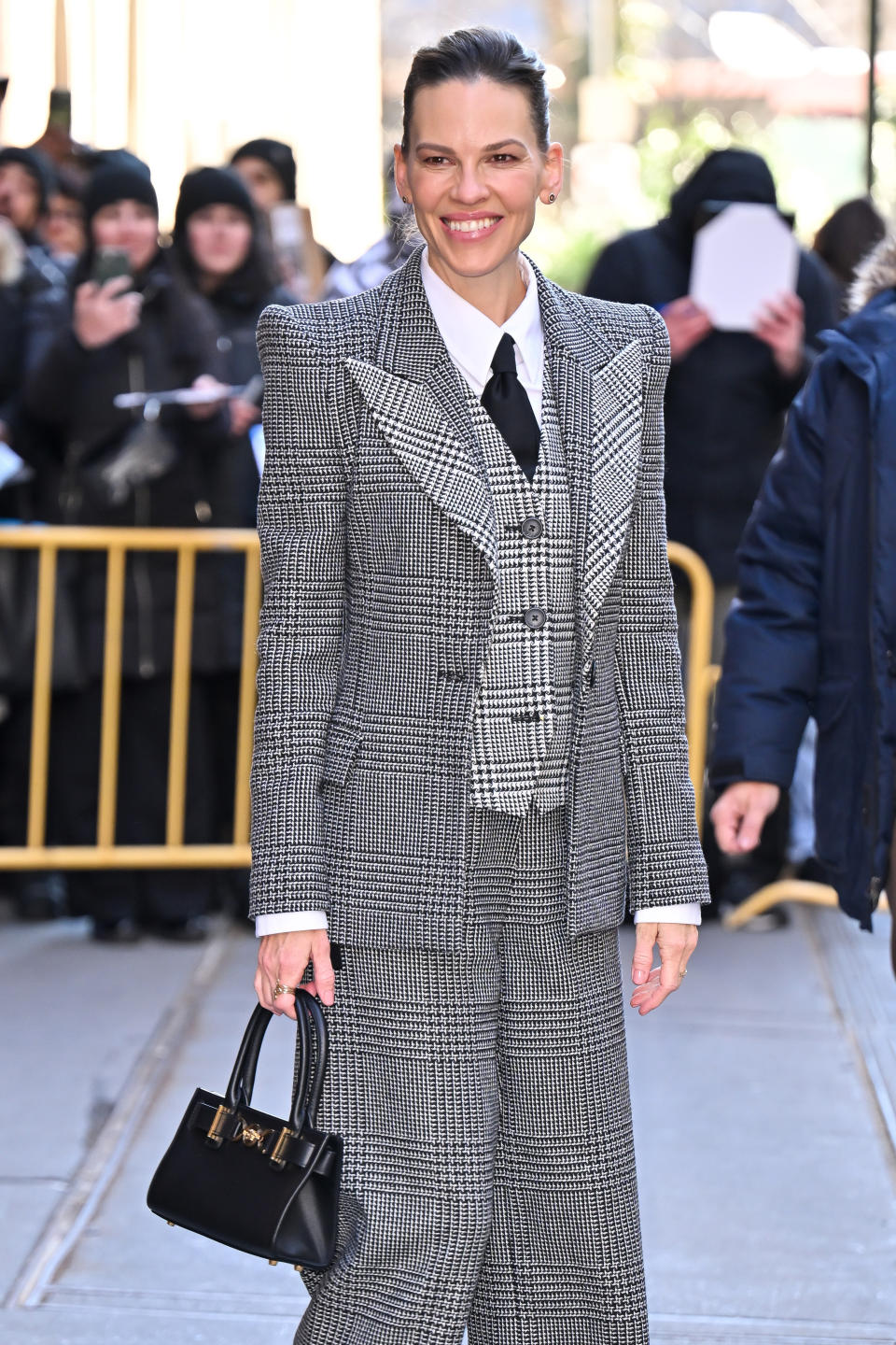 NEW YORK, NEW YORK - FEBRUARY 20:  Hilary Swank arrives at ABC's "The View" on the Upper West Side on February 20, 2024 in New York City. (Photo by James Devaney/GC Images)