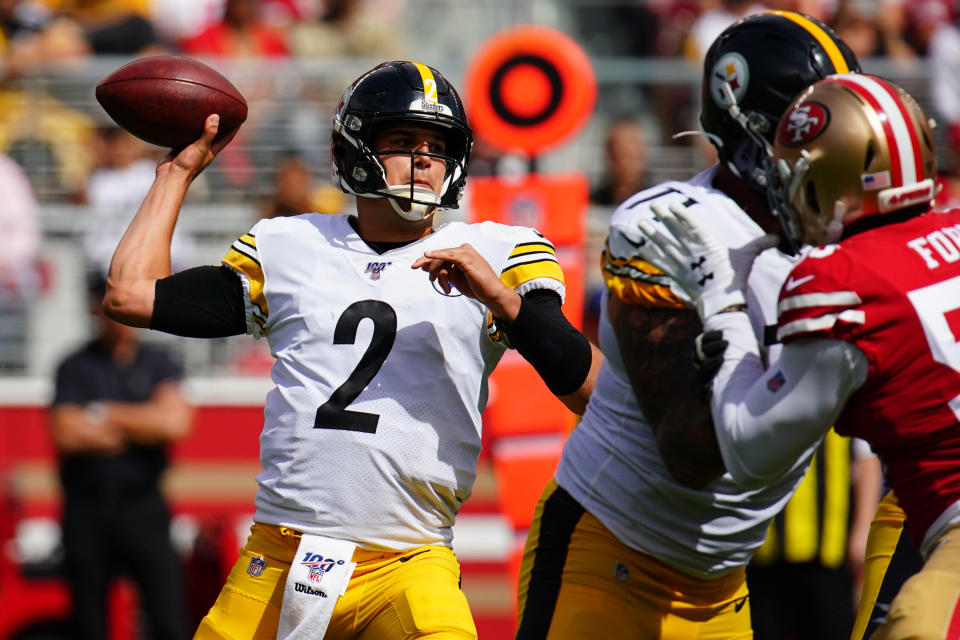 SANTA CLARA, CALIFORNIA - SEPTEMBER 22: Mason Rudolph #2 of the Pittsburgh Steelers throws a pass during the first half against the San Francisco 49ers at Levi's Stadium on September 22, 2019 in Santa Clara, California. (Photo by Daniel Shirey/Getty Images)