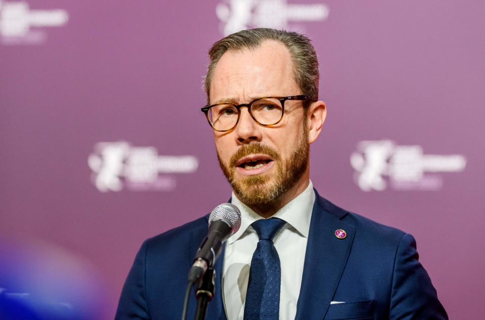 Danish Deputy Prime Minister and Defense Minister Jakob Ellemann-Jensen gives a statement during the Joint Expeditionary Force leaders summit in Riga, Latvia, in 2022. 