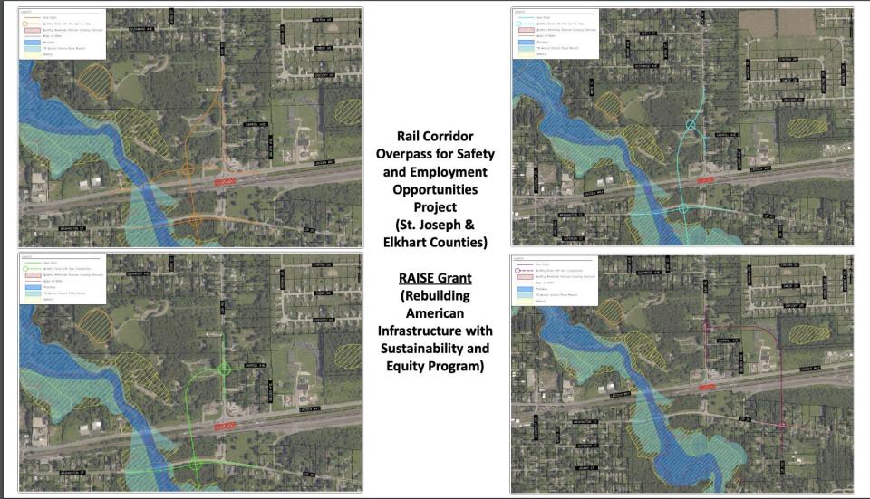 These are four options that St. Joseph County officials are studying for a possible railroad overpass for Ash Road in Osceola. The county is seeking funding to study them further.
