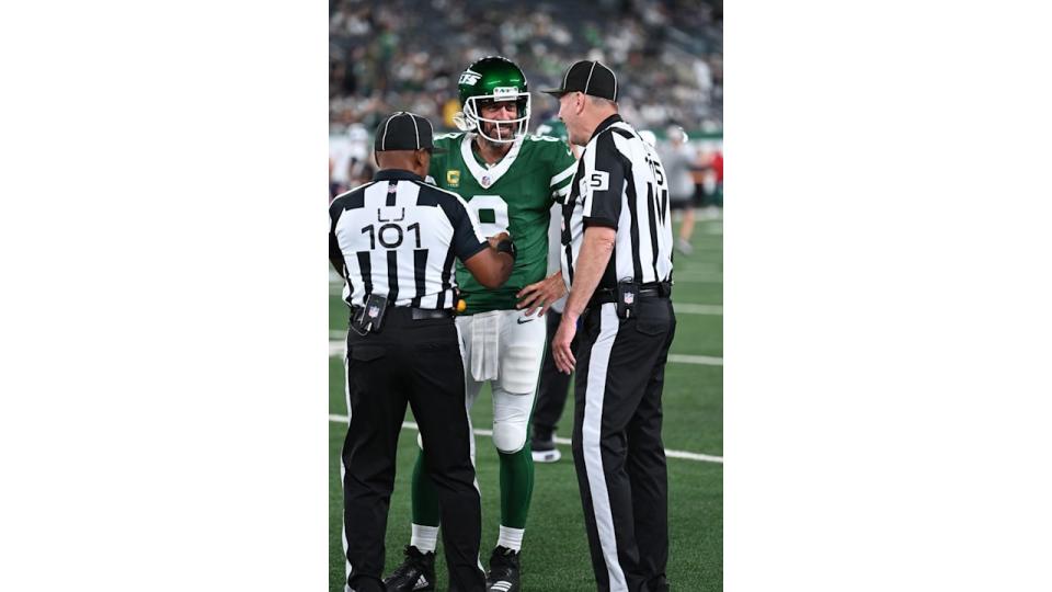 Aaron Rodgers attends the New England Patriots vs. the New York Jets game at Met Life Stadium on September 19, 2024 in East Rutherford, New Jersey