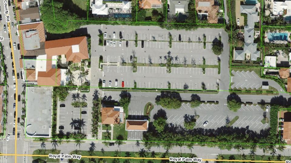 An aerial shows the extent of the parking lots east of the Well Fargo-owned buildings at Nos. 239, 251 and 255 S. County Road. on the corner of Royal Palm Way in Midtown Palm Beach. Thee parking area is said to be under consideration for residential redevelopment, according to representatives of Frisbie Group and Related Cos.
