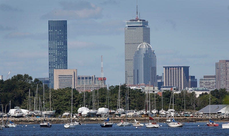 A window washer died after falling from a Boston office tower on Oct. 23, 2023. This file photo shows the Boston skyline as seen from Squantum Point Park in Quincy on Wednesday, Sept. 20, 2023.