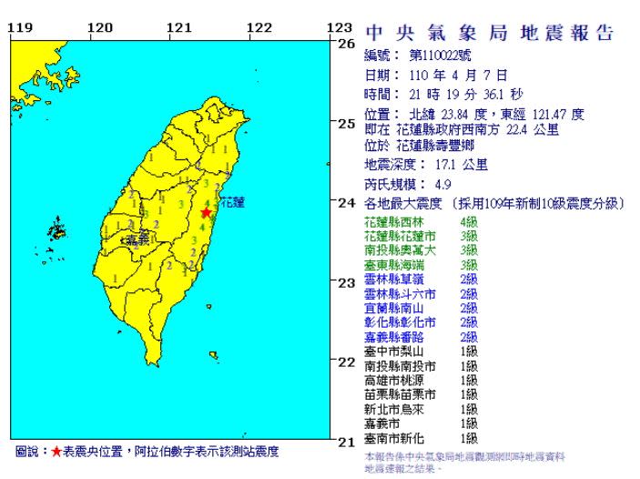 全台各地震度一覽。（圖／中央氣象局）