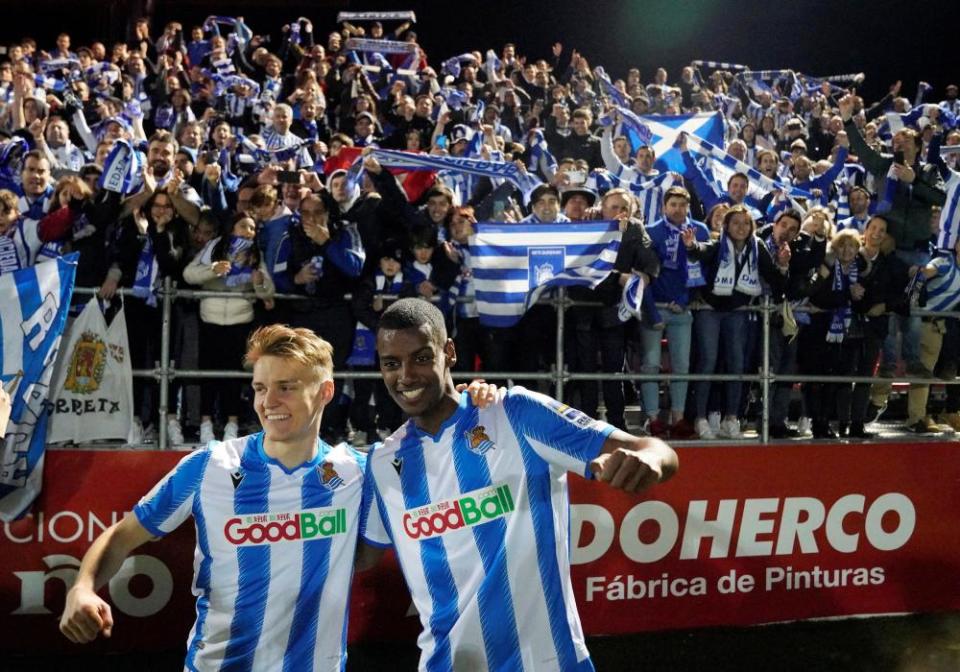 Martin Ødegaard and Alexander Isak celebrate after reaching the 2020 Copa del Rey final.