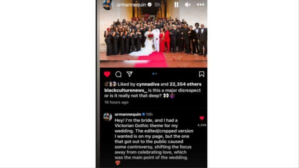 The bride said one of her wedding photos that included her entire wedding party “caused some controversy” as it made rounds on social media after a guest threw up her middle finger. (Photo: Instagram/urmannequin)