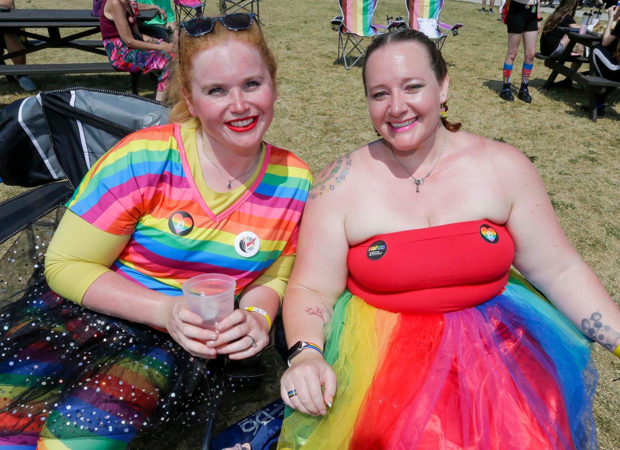 Paige Gerber, left, and Miranda Koene, pose in their pride colors during the Sheboygan County LGBTQ Alliance’s Pride Picnic in Sheboygan at City Green, Saturday, June 24, 2023, in Sheboygan, Wis.