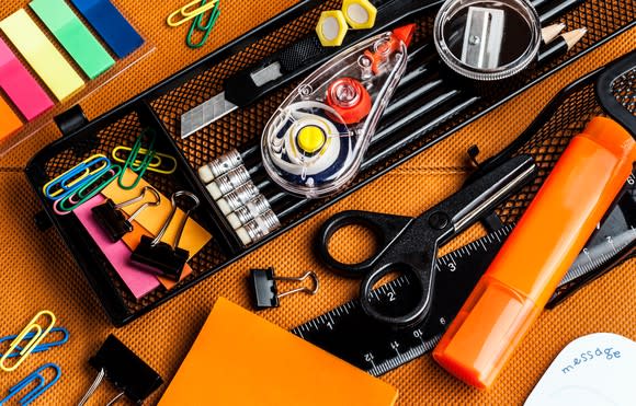 A colorful display of office supplies.