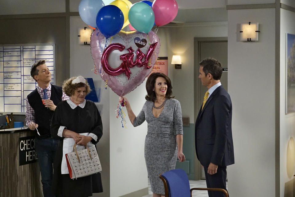 WILL & GRACE -- "Rosario's Quinceanera" Episode 107 -- Pictured: (l-r) Sean Hayes as Jack McFarland, Mary Pat Gleason as Bridget, Megan Mullally as Karen Walker, Eric McCormack as Will Truman --