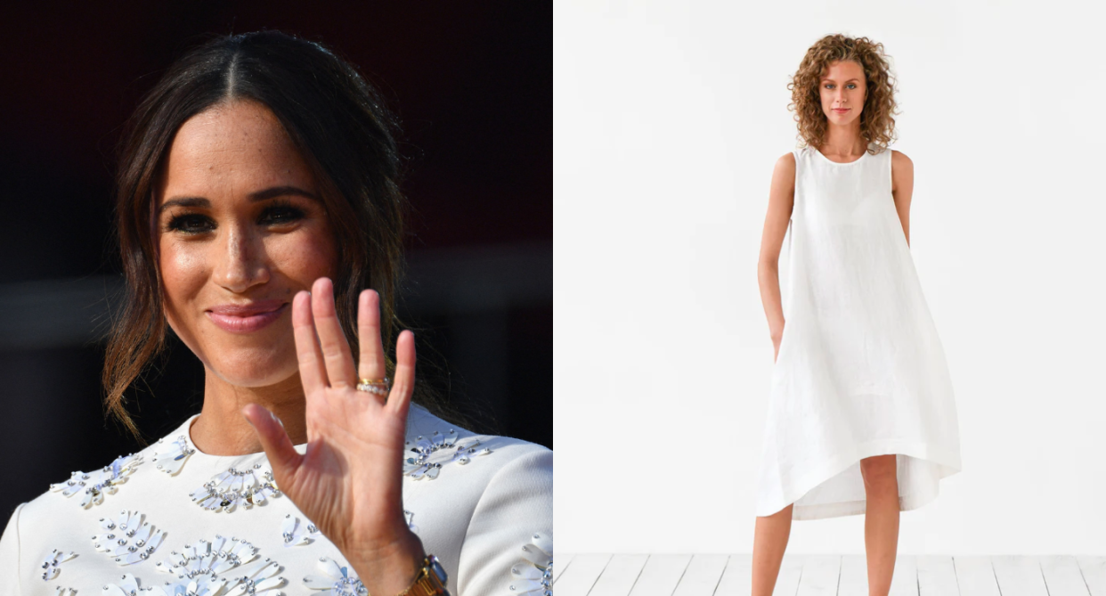 Meghan Markle was spotted in 2020 wearing a linen dress by Magic Linen. Photos via Getty, Magic Linen.