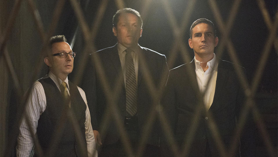 "Return 0" -- The team must embark on one last suicide mission to prevent Samaritan from destroying The Machine and cementing its hold over mankind, on the series finale of PERSON OF INTEREST, Tuesday, June 21 (10:00 -- 11:00 PM ET/PT) on the CBS Television Network. Pictured L-R: Michael Emerson as Harold Finch, Kevin Chapman as Lionel Fusco, and Jim Caviezel as John Reese Photo: Giovanni Rufino/Warner Bros. Entertainment Inc. Ã‚Â©2016 WBEI. All rights reserved.