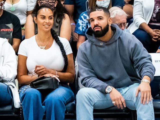 <p>Cassy AthenaLondon Entertainment/Shutterstock</p> Drake and Johanna Leia at the Sierra Canyon Trailblazers v Etiwanda Eagles CIF State Open Division Regional Semifinal basketball game on June 17, 2021.