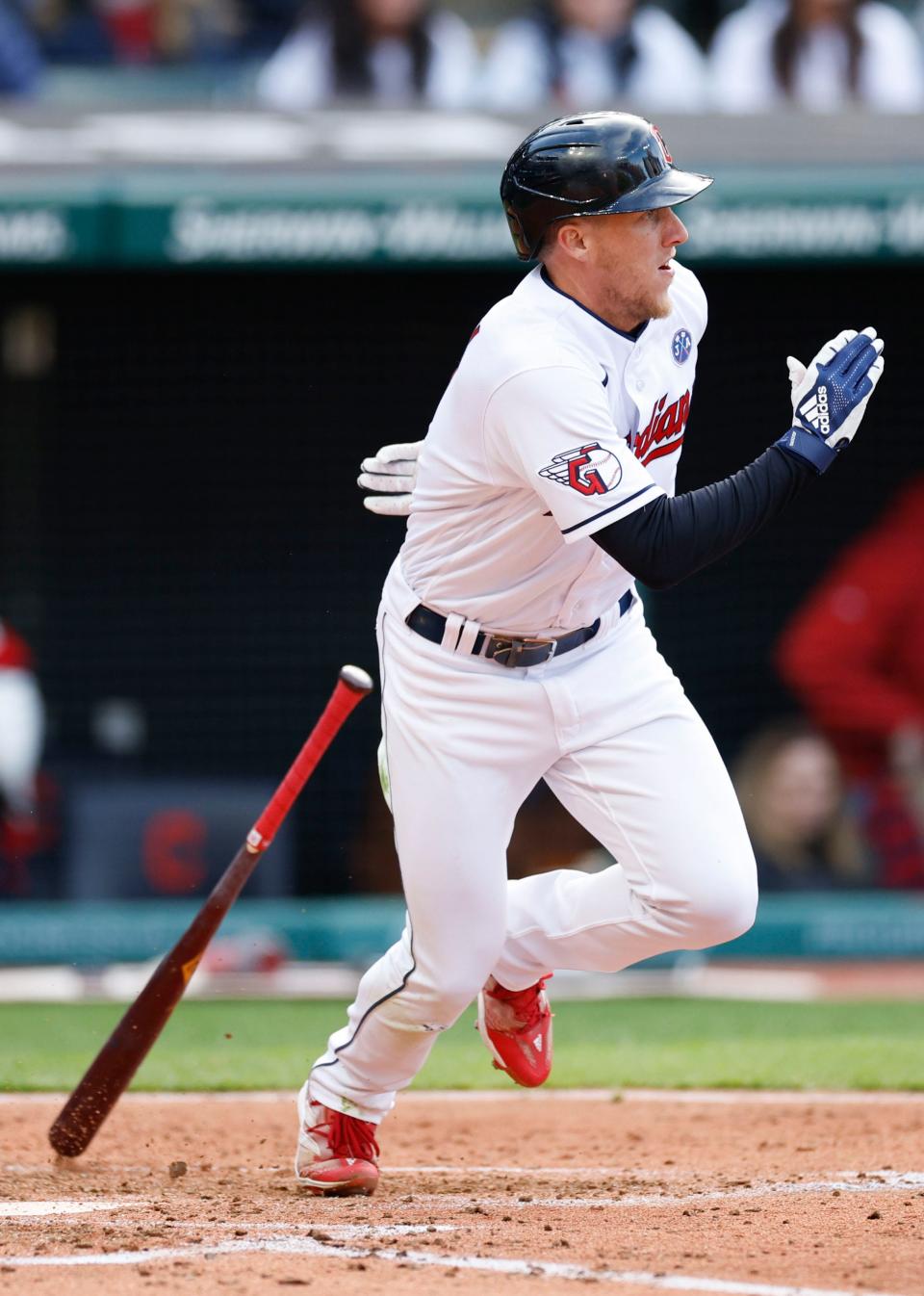 Guardians center fielder Myles Straw runs after hitting an RBI single during the fourth inning, Friday, April 7, 2023, in Cleveland.