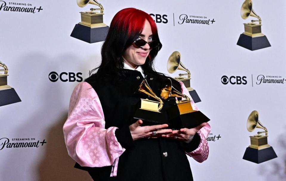 PHOTO: Billie Eilish poses in the press room with the Grammys for Song of the Year and Best Song Written Visual Media during the 66th Annual Grammy Awards, Feb. 4, 2024, in Los Angeles. (Frederic J. Brown/AFP via Getty Images)