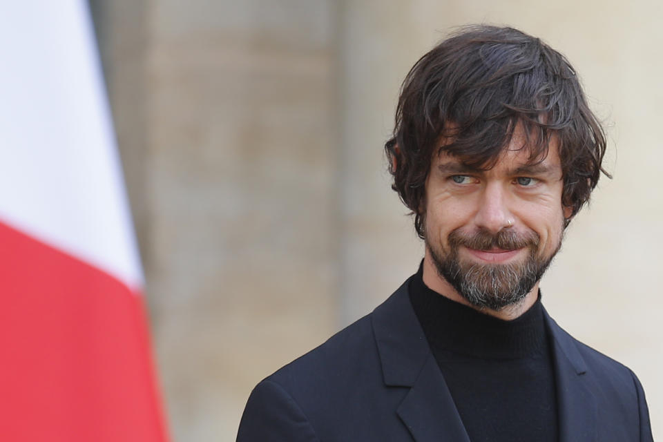 Twitter CEO Jack Dorsey leaves after his talk with French President Emmanuel Macron at the Elysee Palace Friday, June 7, 2019 in Paris. (AP Photo/Francois Mori)