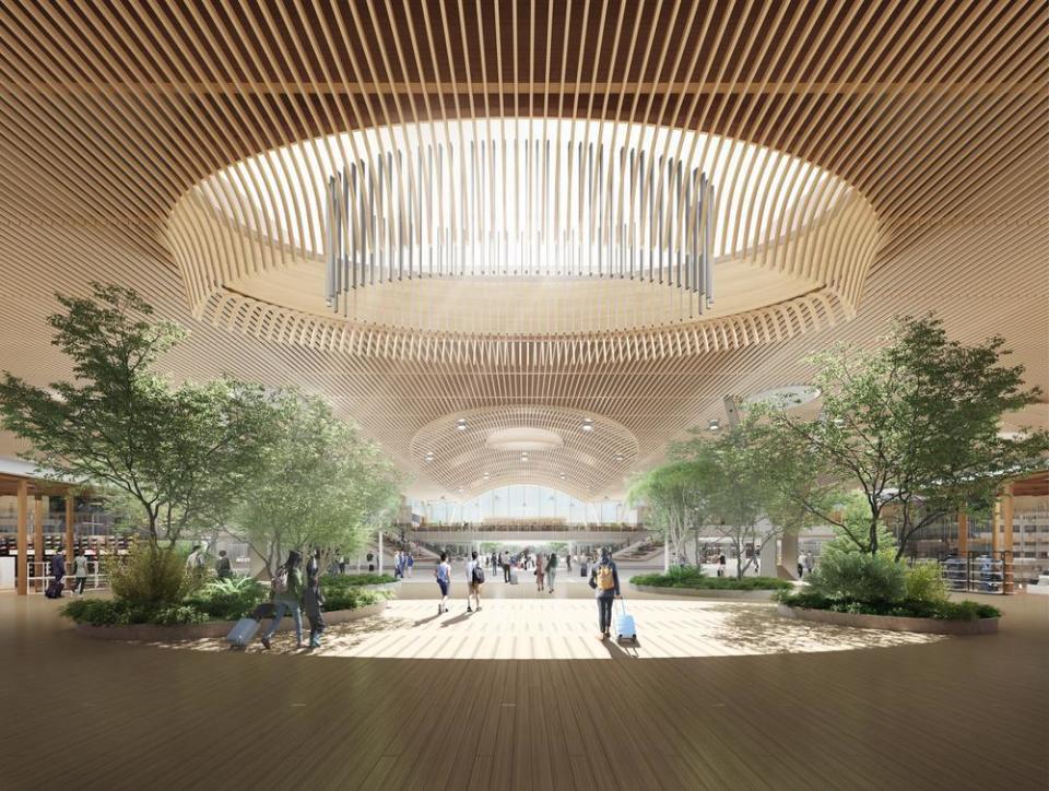 When complete, the Portland International Airport's sustainably-built main terminal with feature lots of timber, greenery, and natural light.