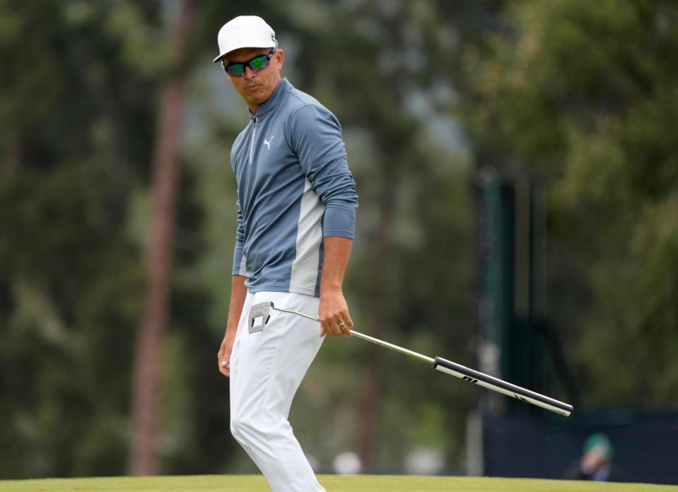 Jun 15, 2023; Los Angeles, California, USA; Rickie Fowler reacts after a putt on the 15th hole during the first round of the U.S. Open golf tournament at Los Angeles Country Club. Mandatory Credit: Michael Madrid-USA TODAY Sports