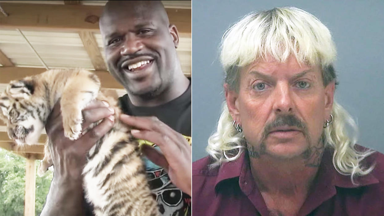 Shaquille O'Neal is pictured in a 50/50 image next to star of Netflix documentary 'Tiger King', Joe Exotic - aka Joseph Maldonado-Passage. 