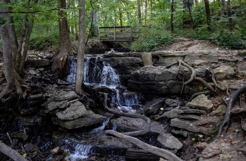 The Old Kate Trail at the Parkville Nature Sanctuary leads trail users past and over a waterfall in Parkville, Mo.