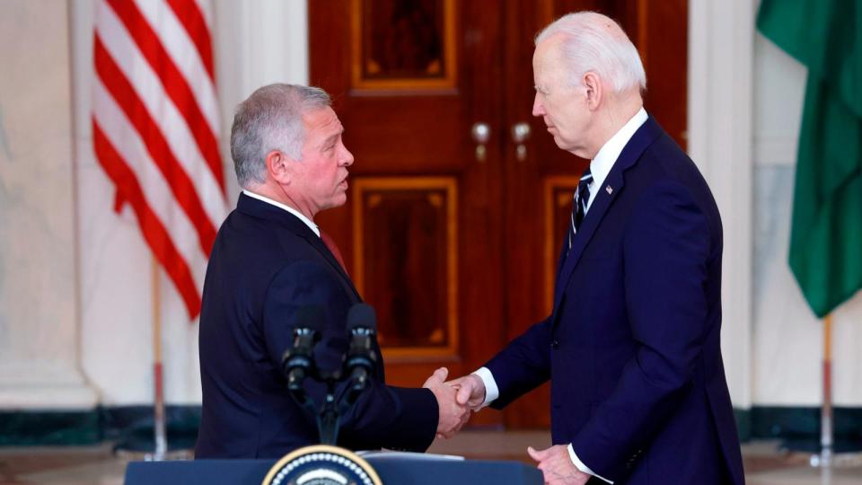 PHOTO: President Joe Biden shakes hands with King of Jordan Abdullah II ibn Al Hussein after giving remarks White House, Feb. 12, 2024. (Anna Moneymaker/Getty Images)