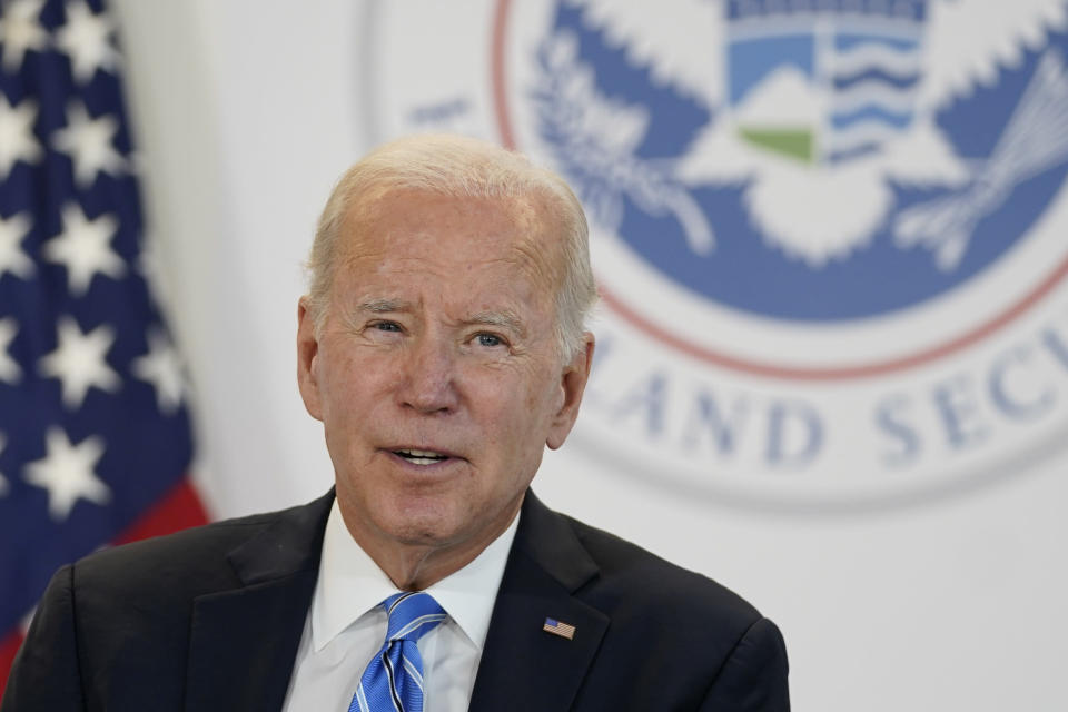 President Joe Biden speaks about Hurricane Fiona during a visit to the Federal Emergency Management Agency Region 2 office in New York, Thursday, Sept. 22, 2022. (AP Photo/Evan Vucci)