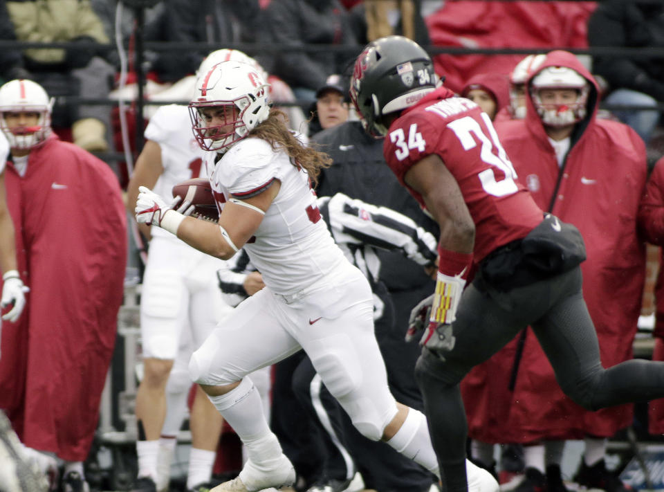 When he’s not blocking for Bryce Love, Stanford fullback Daniel Marx will occasionally touch the ball. (AP Photo/Young Kwak)