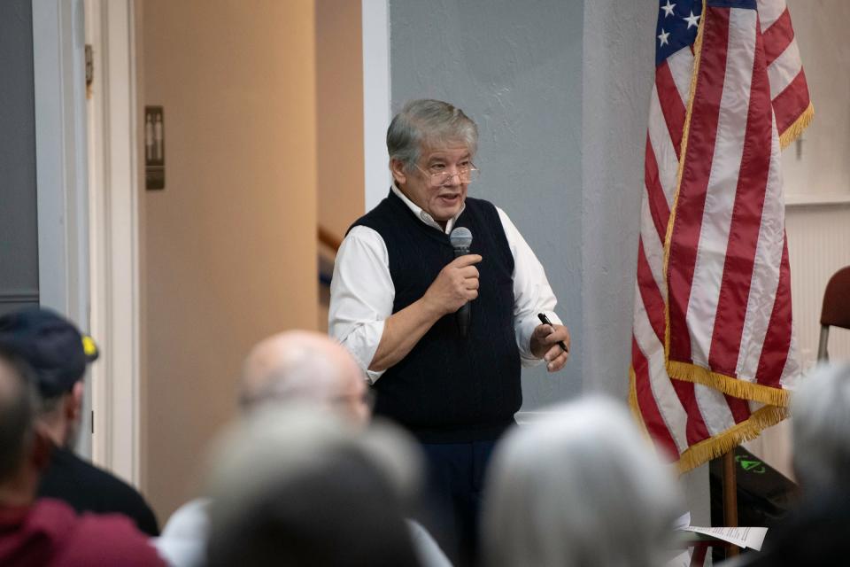 Pueblo City Councilman Roger Gomez speaks to an audience during a District 4 town hall meeting at the Lake Avenue Community Church on Thursday, March 28, 2024.