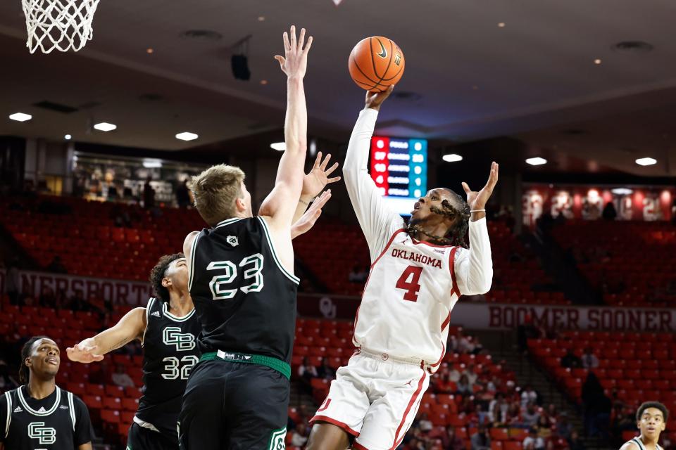 OU guard Kaden Cooper (4) shoots over Green Bay guard Ryan Wade (32) and forward Will Eames (23) during the second half on Dec. 16 at Lloyd Noble Center in Norman.