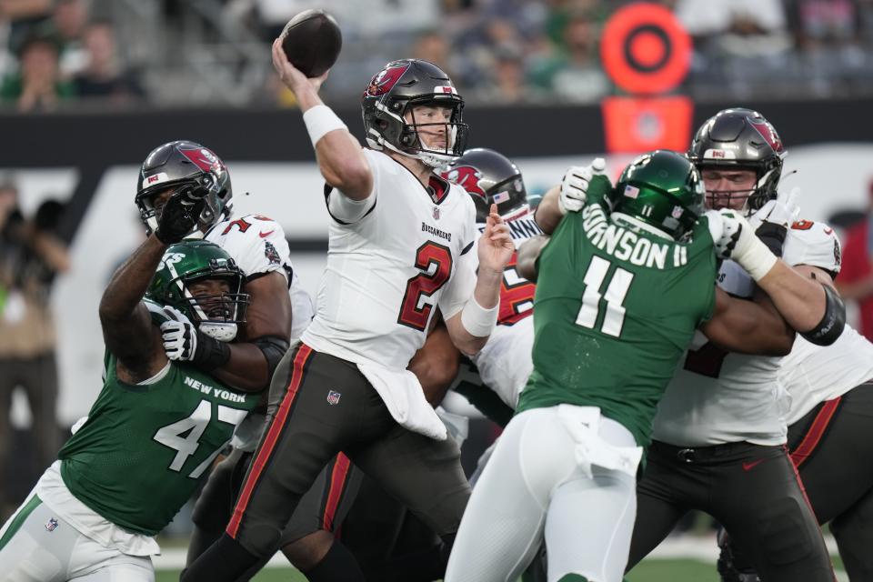 Tampa Bay Buccaneers quarterback Kyle Trask (2) throws a pass during the first half of the team's preseason NFL football game against the New York Jets, Saturday, Aug. 19, 2023, in East Rutherford, N.J. (AP Photo/Seth Wenig)