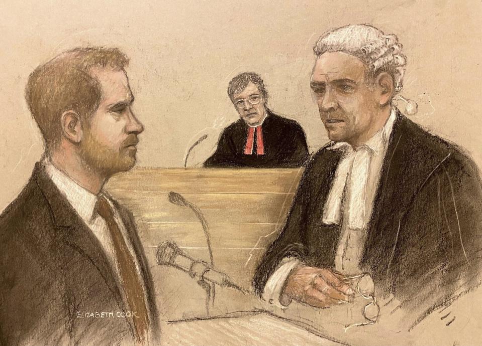 Court artist sketch by Elizabeth Cook Britain's Prince Harry being cross examined by Andrew Green KC, as he gives evidence at the Rolls Buildings in central London, Tuesday, June 6, 2023 during the phone hacking trial against Mirror Group Newspapers (Elizabeth Cook/PA via AP)