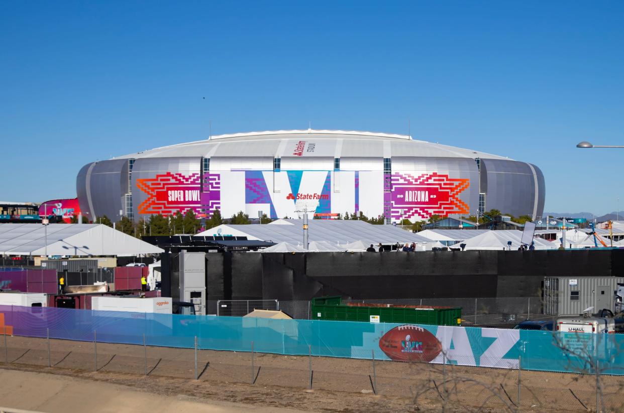 General view of Super Bowl LVII signage on State Farm Stadium.