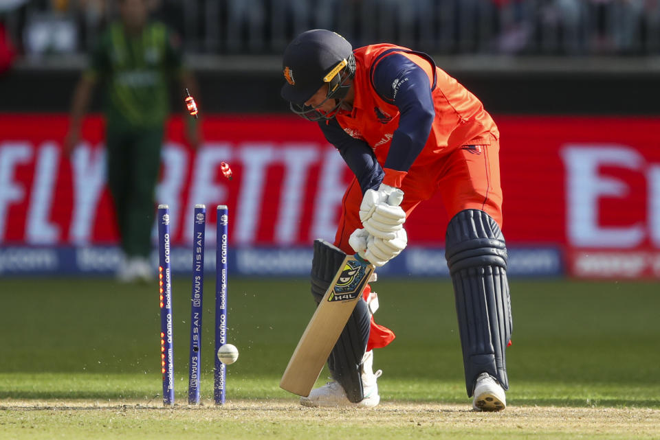 Netherlands' Fred Klaassen is out bowled by Pakistan's Mohammad Wasim during the T20 World Cup cricket match between the Netherlands and Pakistani in Perth, Australia, Sunday, Oct. 30, 2022. (AP Photo/Gary Day)