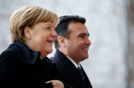 Chancellor Angela Merkel receives Macedonian Premier Zoran Zaev for talks in the Chancellery in Berlin, Germany, February 21, 2018. REUTERS/Axel Schmidt