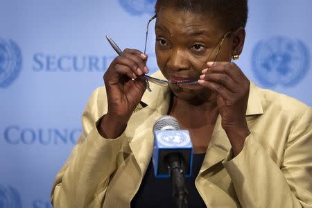 Outgoing United Nations' humanitarian chief Valerie Amos speaks to the media during her final news conference at United Nations Headquarters in the Manhattan borough New York May 28, 2015. REUTERS/Carlo Allegri