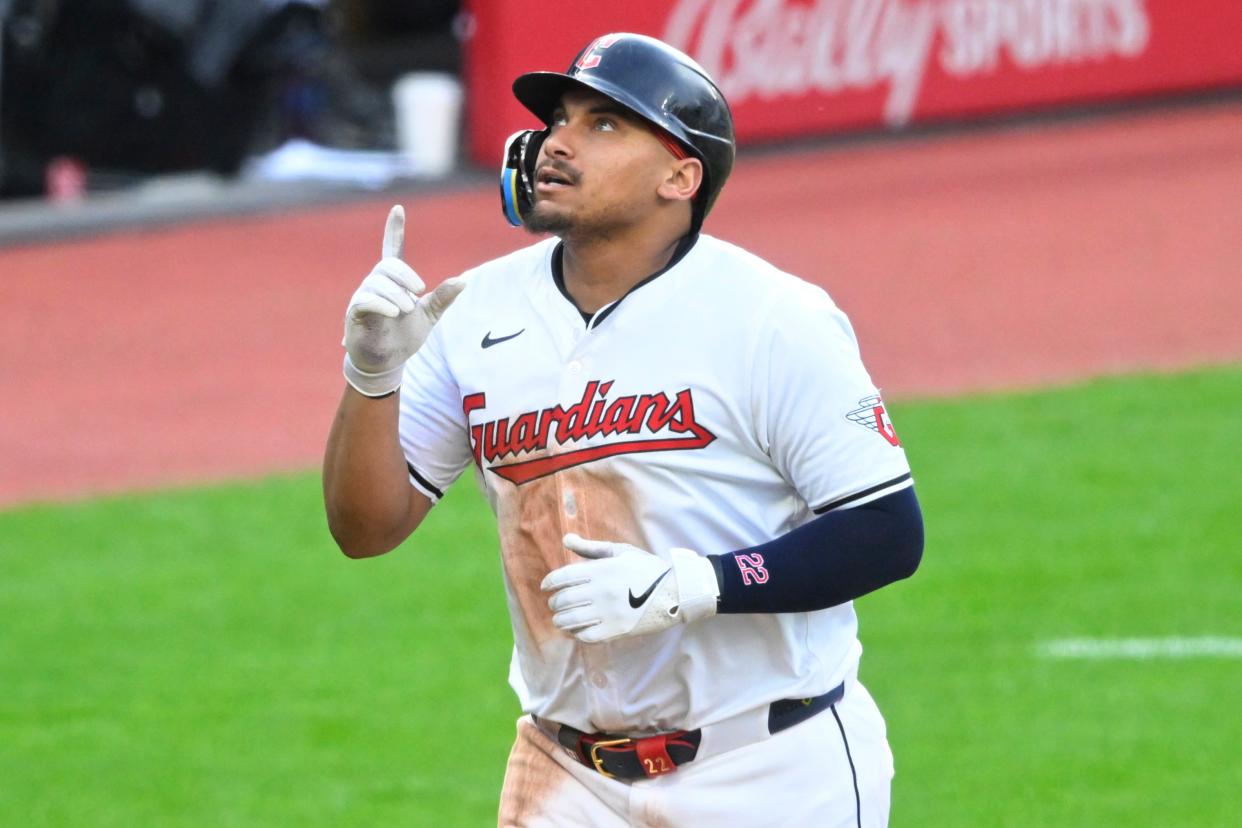 May 7, 2024; Cleveland, Ohio, USA; Cleveland Guardians first baseman Josh Naylor (22) celebrates his two-run home run in the second inning against the Detroit Tigers at Progressive Field. Mandatory Credit: David Richard-USA TODAY Sports