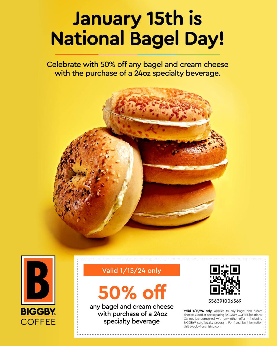 Biggby Coffee is offering customers 50% off any bagel and cream cheese with a purchase of a 24-oz. specialty beverage purchase on National Bagel Day on Jan. 15.