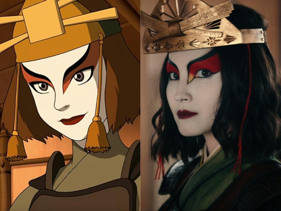 left: suki in avatar, a young woman with short brown hair, white face paint, and red and black paint above her eyes, and a gold headpiece; right: suki in the live-action avatar, wearing similar makeup, green robes, and a golden headpiece