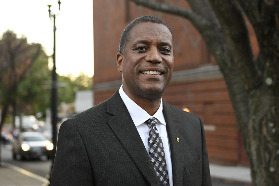 Republican U.S. House candidate George Logan arrives for a debate against U.S. Rep. Jahana Hayes, D-Conn., Tuesday, Oct. 18, 2022, in Waterbury, Conn. Logan is running for Congress in Connecticut's fifth congressional district. (AP Photo/Jessica Hill)