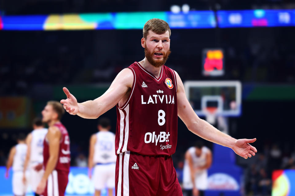 MANILA, PHILIPPINES – SEPTEMBER 07: Davis Bertans #8 of Latvia reacts to a call in the fourth quarter during the FIBA Basketball World Cup Classification 5-8 game against Italy at Mall of Asia Arena on September 07, 2023 in Manila, Philippines. (Photo by Yong Teck Lim/Getty Images)