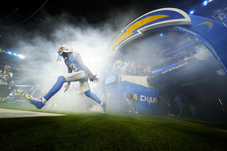 Los Angeles Chargers wide receiver Keenan Allen runs onto the field before an NFL football game against the Pittsburgh Steelers, Sunday, Nov. 21, 2021, in Inglewood, Calif. (AP Photo/Ashley Landis)