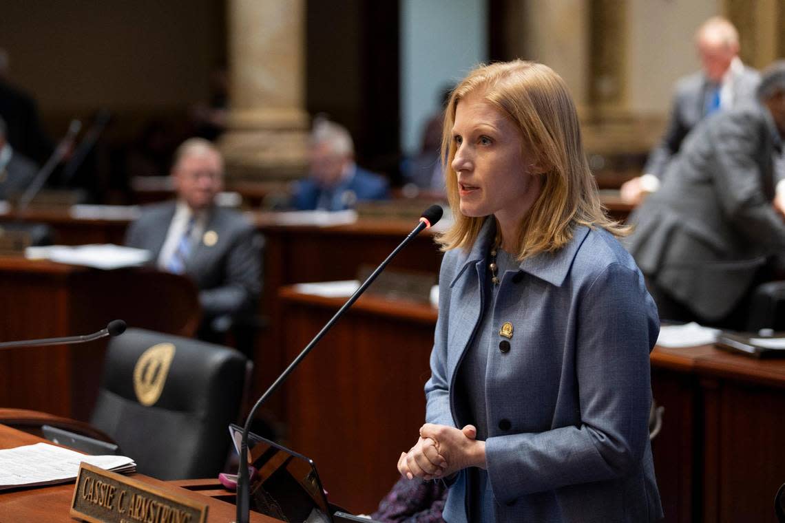 Sen. Cassie Chambers Armstrong speaks during the legislative session on the senate floor at the Capitol in Frankfort, Ky, Tuesday, January 23, 2024.