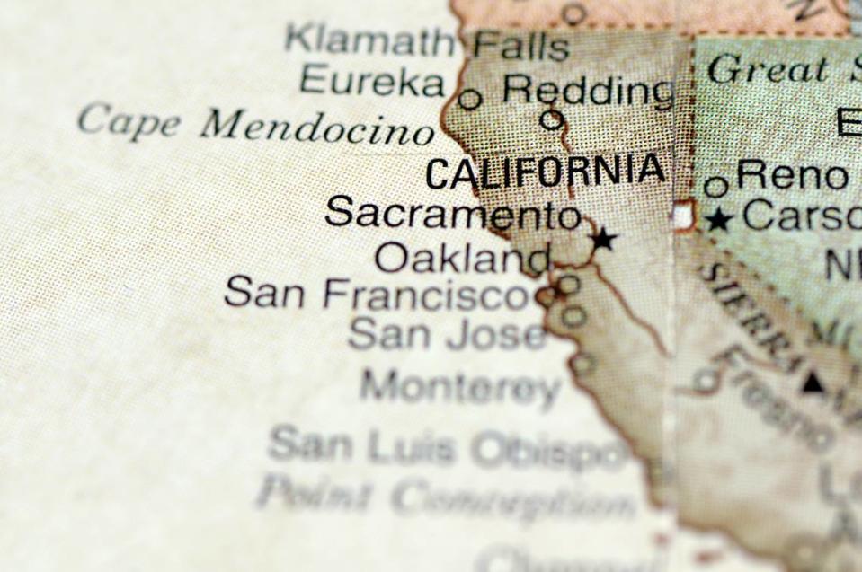 A macro photo of Sacramento, California and the surrounding area from a desktop globe.  Adobe RGB color profile.