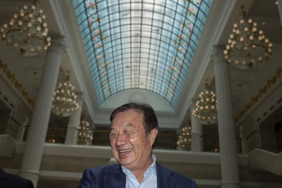 Huawei's founder Ren Zhengfei, reacts during an interview at the Huawei campus in Shenzhen in Southern China's Guangdong province on Tuesday, Aug. 20, 2019. Ren said he expects no relief from U.S. export curbs due to the political climate in Washington but expresses confidence the company will thrive with its own technology. (AP Photo/Ng Han Guan)