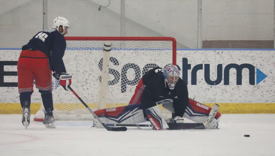 New York Rangers Vincent Trocheck and goalie Jonathan Quick are pictured during a training session at their facility in Tarrytown, Sept. 22, 2023.