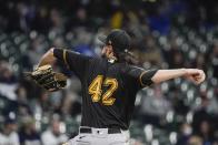 Pittsburgh Pirates starting pitcher JT Brubaker throws during the first inning of a baseball game against the Milwaukee Brewers Friday, April 16, 2021, in Milwaukee. (AP Photo/Morry Gash)