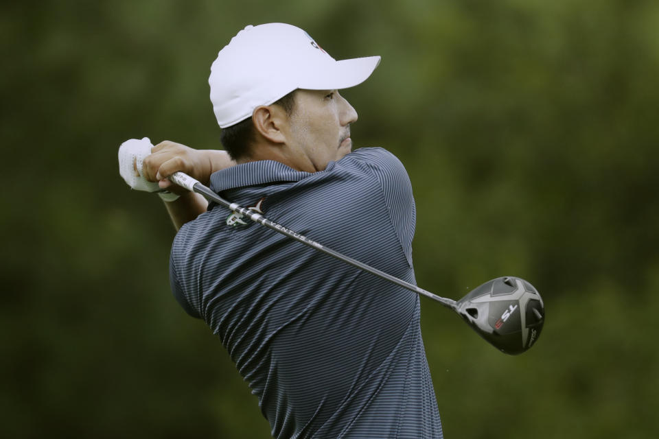 Sung Kang of South Korea, watches his tee shot on the 17th hole during the first round of the World Golf Championship-FedEx St. Jude Invitational Thursday, July 30, 2020, in Memphis, Tenn. (AP Photo/Mark Humphrey)