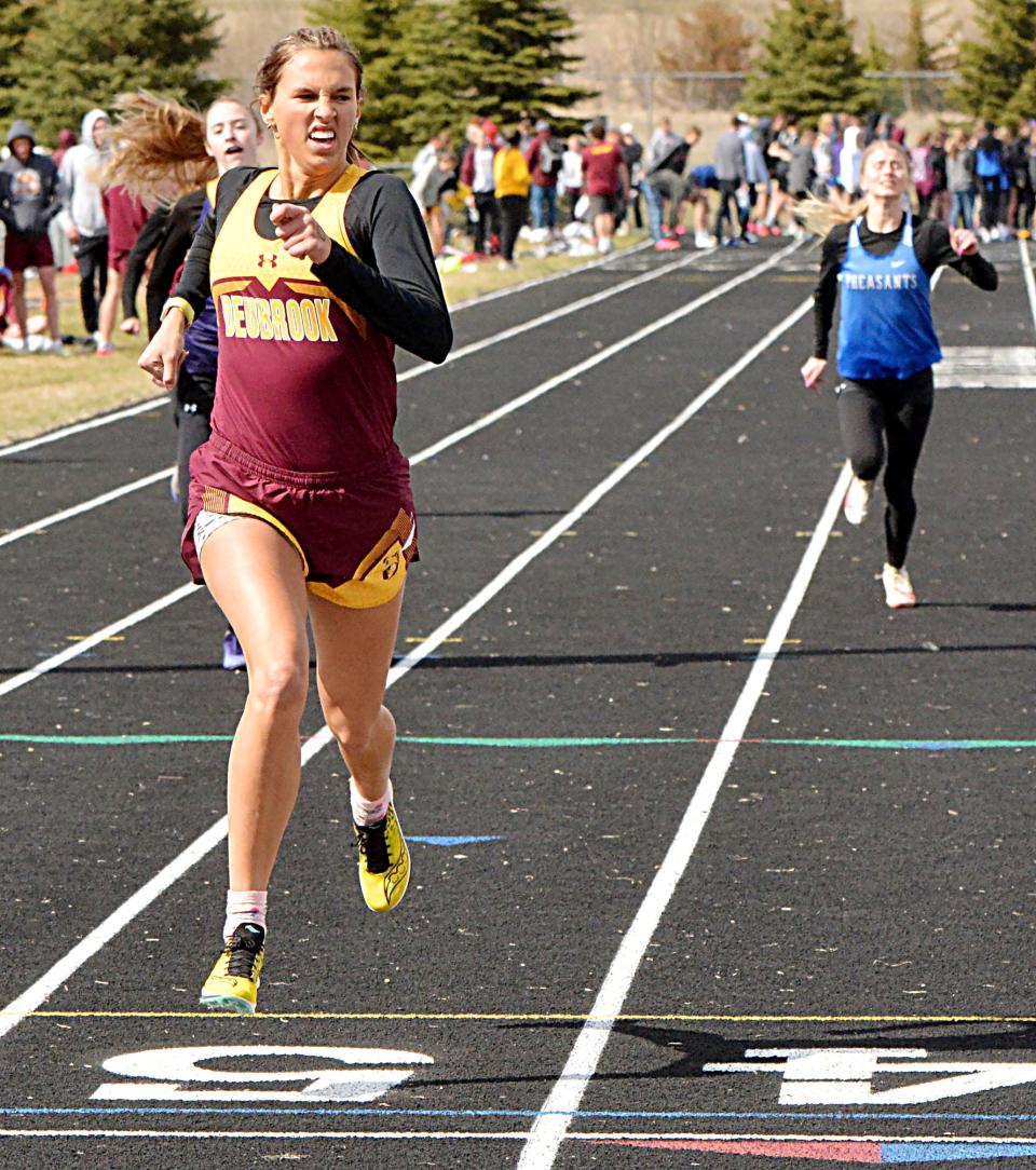 Deubrook Area's Ellie Olsen wins a heat of the girls' 400-meter dash during the Pat Gilligan Alumni track and field meet on Tuesday, April 25, 2023 in Estelline.