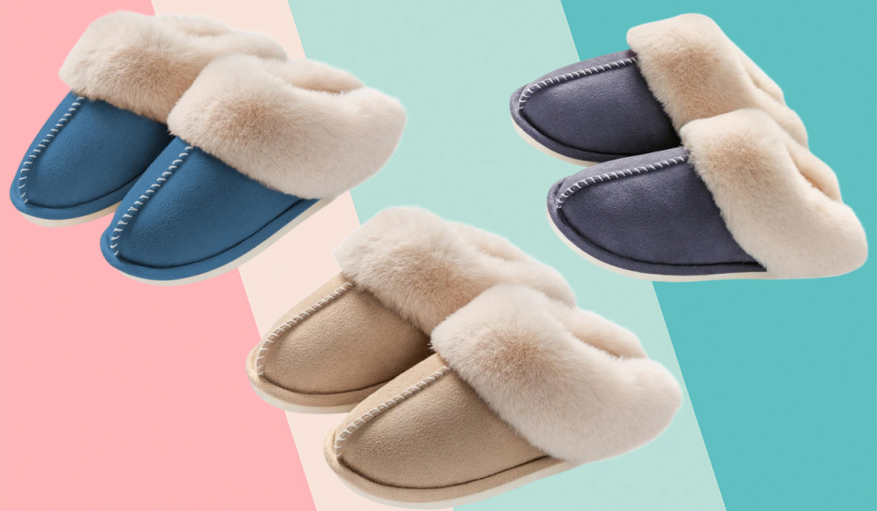 fur lined clog slippers in blue, khaki, and dark gray colors